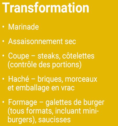 Processing Marinating Dry Seasoning Cutting – steaks, chops (portion control) Grinding – bricks, chubs and bulk pack Forming – patties (any size including sliders), sausages